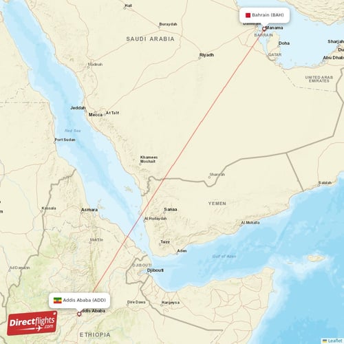 Bahrain - Addis Ababa direct flight map