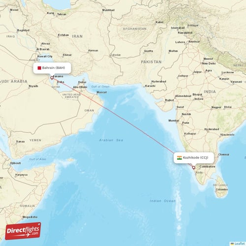 Bahrain - Kozhikode direct flight map