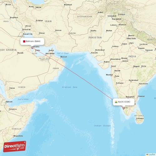 Bahrain - Kochi direct flight map