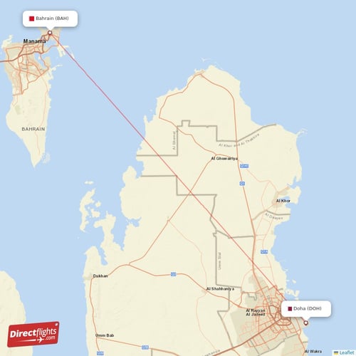Bahrain - Doha direct flight map
