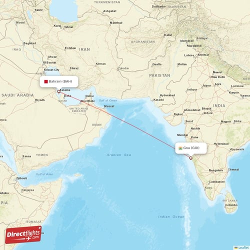 Bahrain - Goa direct flight map