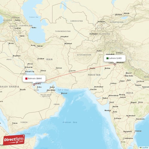 Bahrain - Lahore direct flight map