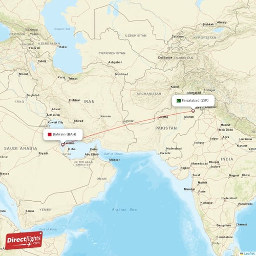 Bahrain - Faisalabad direct flight map