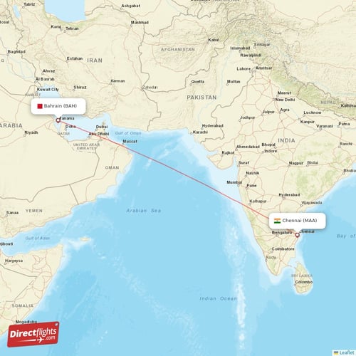 Bahrain - Chennai direct flight map