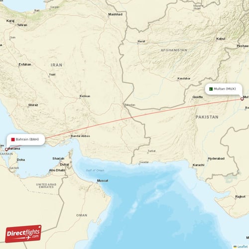 Bahrain - Multan direct flight map