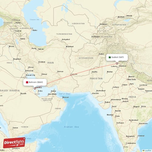 Bahrain - Sialkot direct flight map