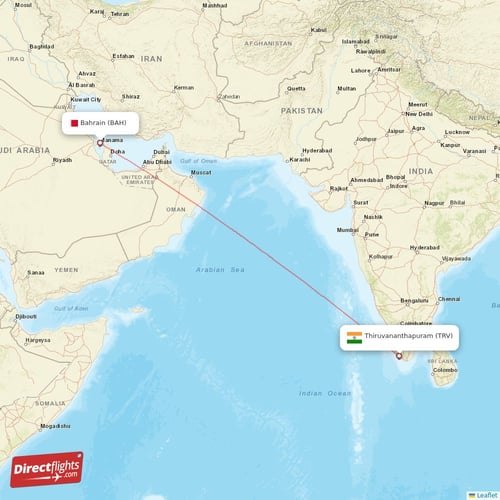 Bahrain - Thiruvananthapuram direct flight map