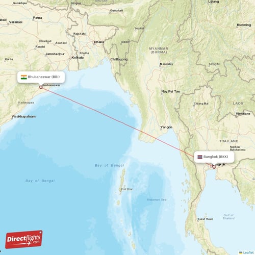 Bhubaneswar - Bangkok direct flight map