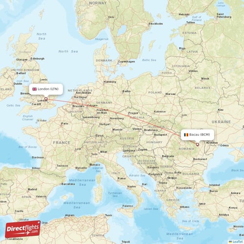 Bacau - London direct flight map