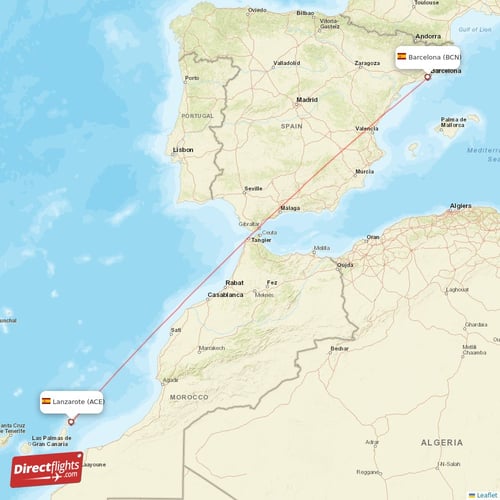 Barcelona - Lanzarote direct flight map