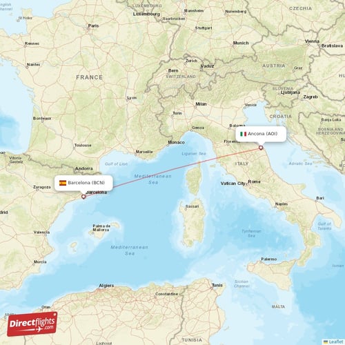 Barcelona - Ancona direct flight map
