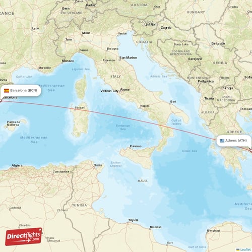 Barcelona - Athens direct flight map