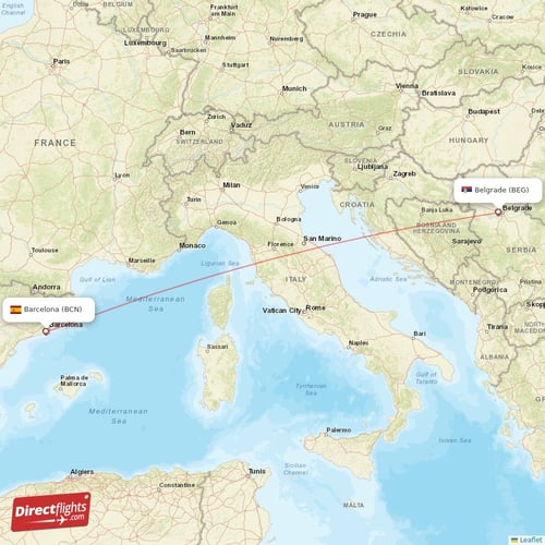 Barcelona - Belgrade direct flight map