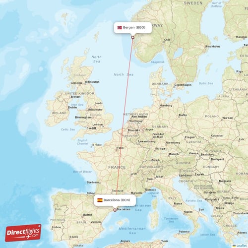 Barcelona - Bergen direct flight map