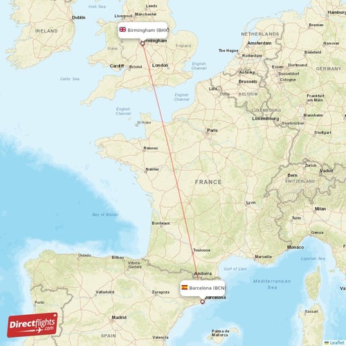 Barcelona - Birmingham direct flight map
