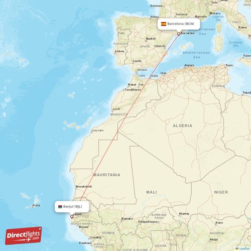 Barcelona - Banjul direct flight map