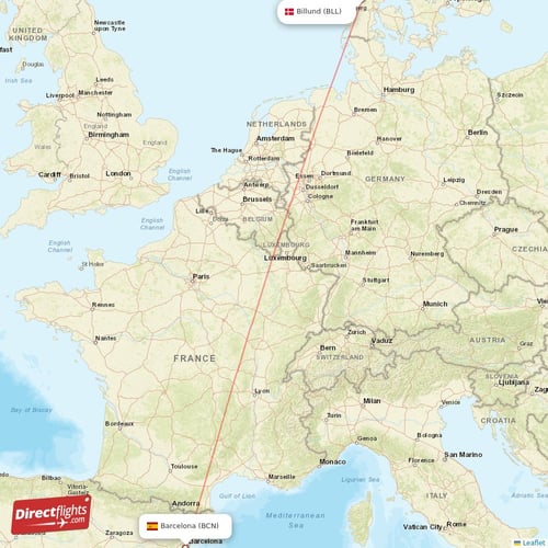 Barcelona - Billund direct flight map