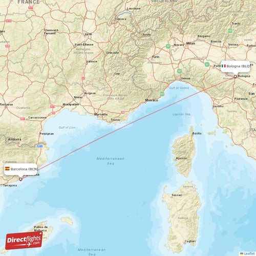 Barcelona - Bologna direct flight map