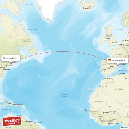 Barcelona - Boston direct flight map