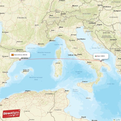 Barcelona - Bari direct flight map