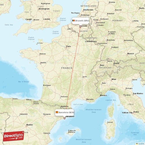 Barcelona - Brussels direct flight map