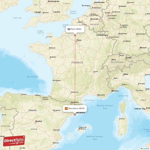 Barcelona - Paris direct flight map