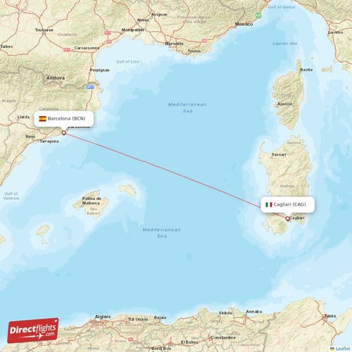 Barcelona - Cagliari direct flight map