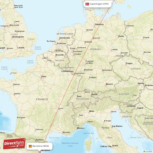 Barcelona - Copenhagen direct flight map
