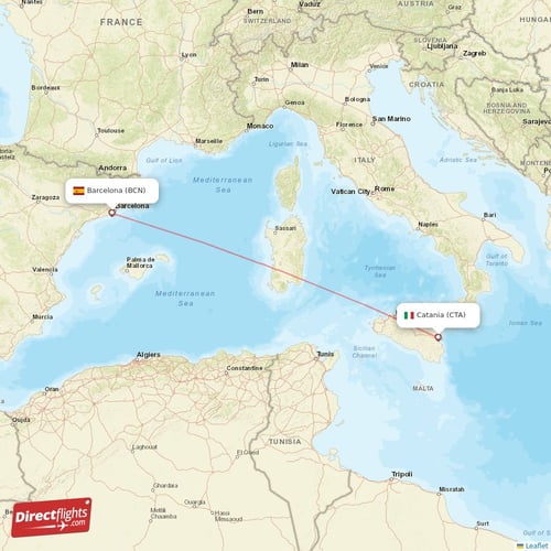 Barcelona - Catania direct flight map