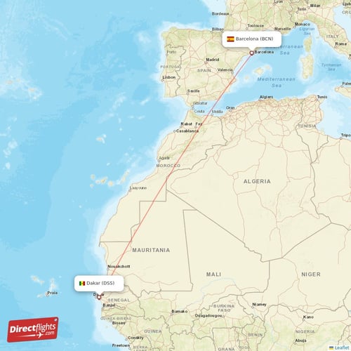 Barcelona - Dakar direct flight map