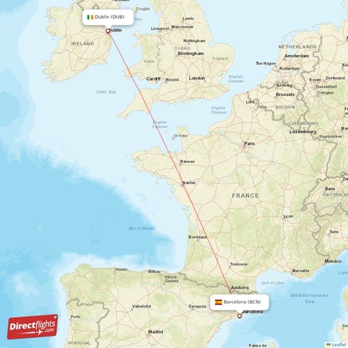 Barcelona - Dublin direct flight map