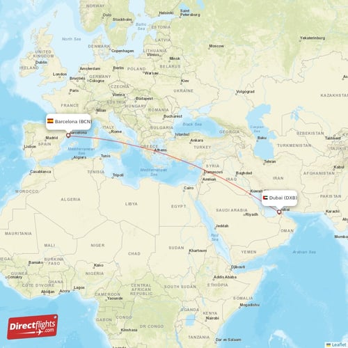 Barcelona - Dubai direct flight map