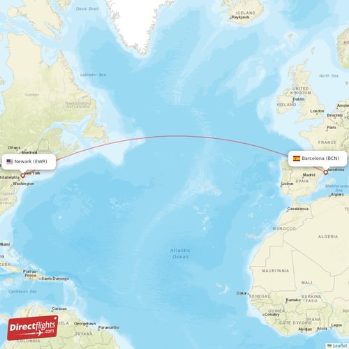 Barcelona - New York direct flight map