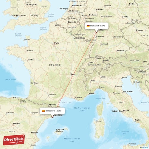 Barcelona - Frankfurt direct flight map