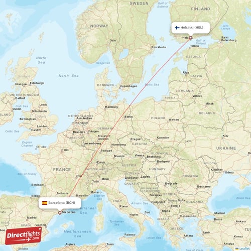Barcelona - Helsinki direct flight map