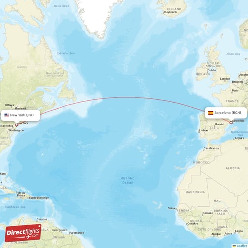 Barcelona - New York direct flight map
