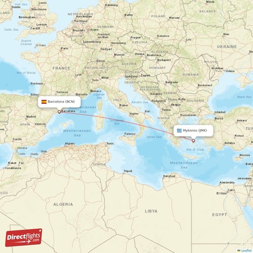 Barcelona - Mykonos direct flight map
