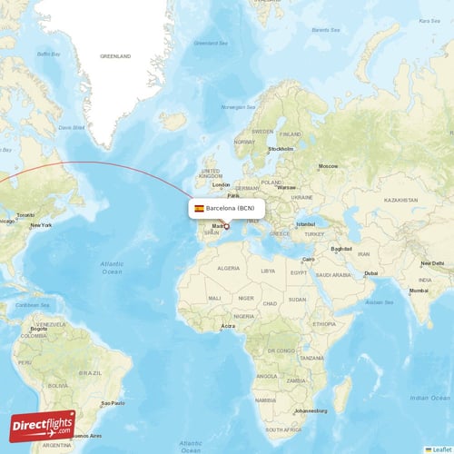 Barcelona - Los Angeles direct flight map