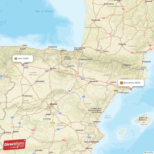 Barcelona - Leon direct flight map