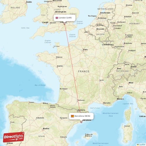 Barcelona - London direct flight map