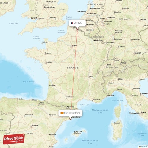 Barcelona - Lille direct flight map