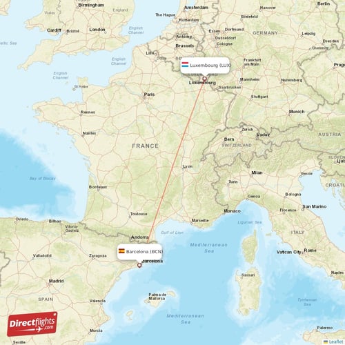 Barcelona - Luxembourg direct flight map