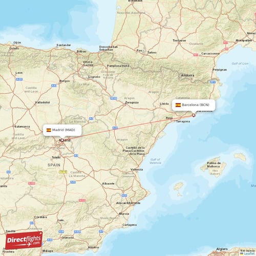 Barcelona - Madrid direct flight map