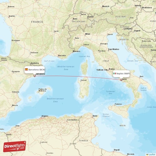 Barcelona - Naples direct flight map