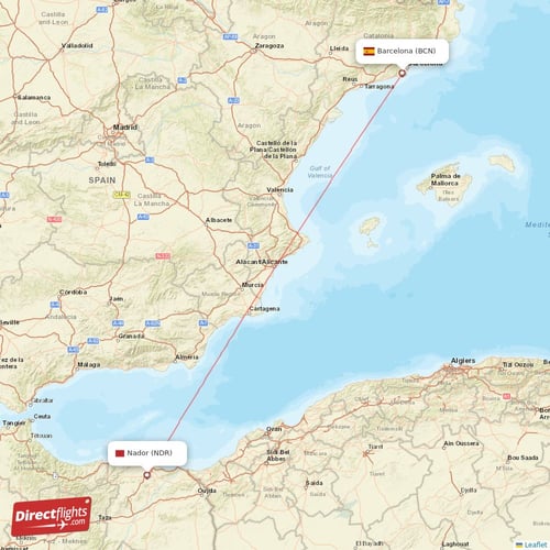 Barcelona - Nador direct flight map