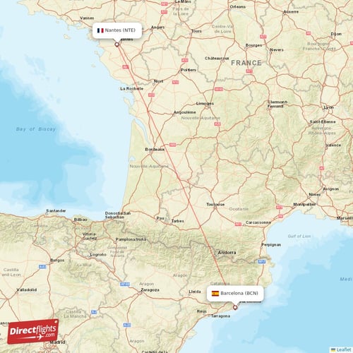 Barcelona - Nantes direct flight map