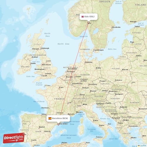 Barcelona - Oslo direct flight map