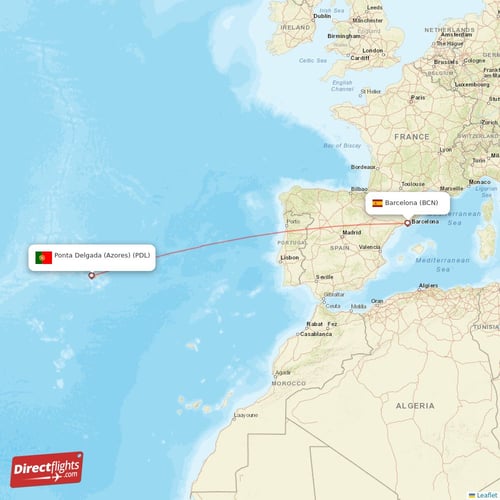 Barcelona - Ponta Delgada (Azores) direct flight map
