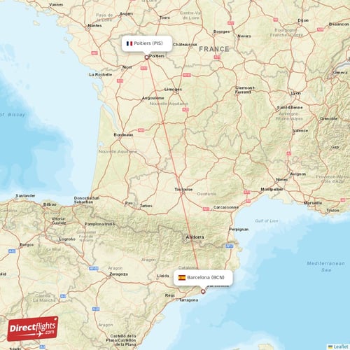 Barcelona - Poitiers direct flight map