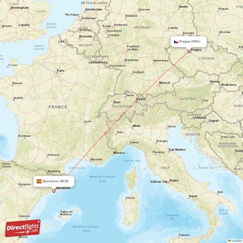 Barcelona - Prague direct flight map